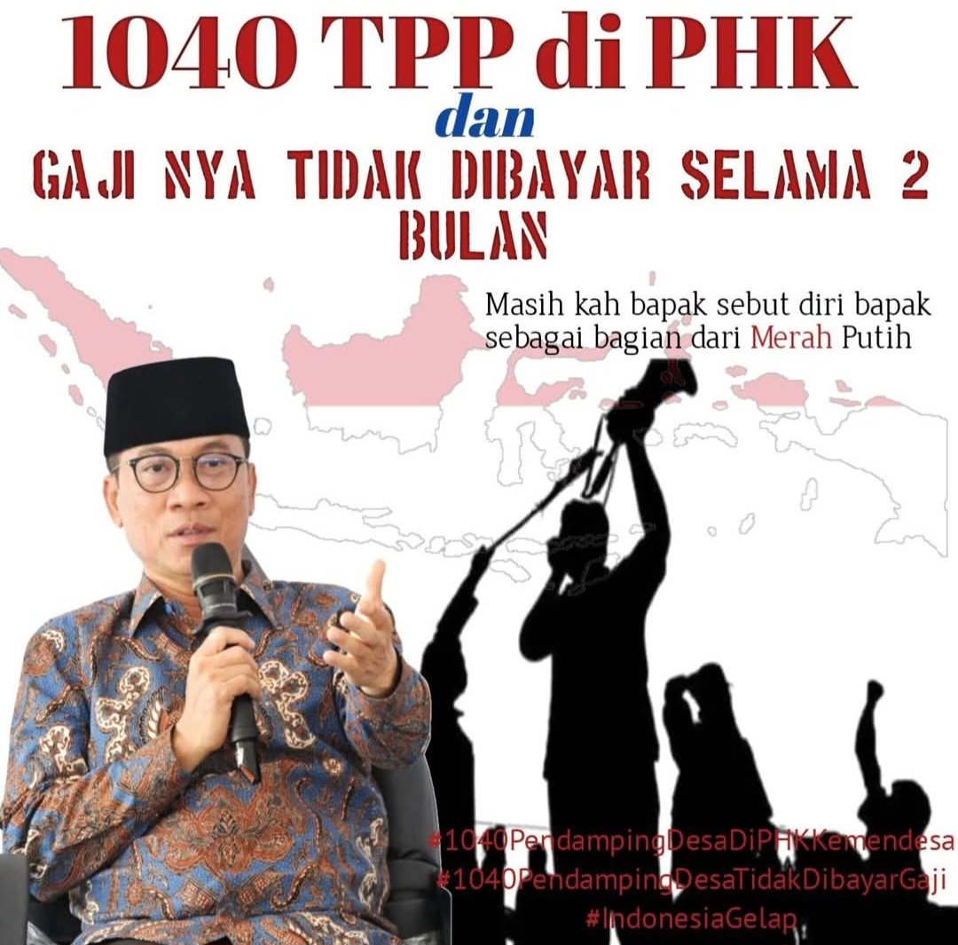 Menjelang idul fitri,terdengar jerit tangis anak negeri, yang di PHK oleh bapak menteri desa, 2 bulan tak terima gaji
#1040PendampingDesaDiPHKKemendesa
#1040PendampingDesaDiPHKKemendesa
#1040PendampingDesaTidakDibayarGaji

<a href="/prabowo/">Prabowo Subianto</a>
<a href="/gibran_tweet/">Gibran Rakabuming</a>
<a href="/YandriSusanto/">Yandri Susanto</a>
<a href="/sorotan/">chad</a> 
<a href="/pengikut/">Peng Ikut</a>
