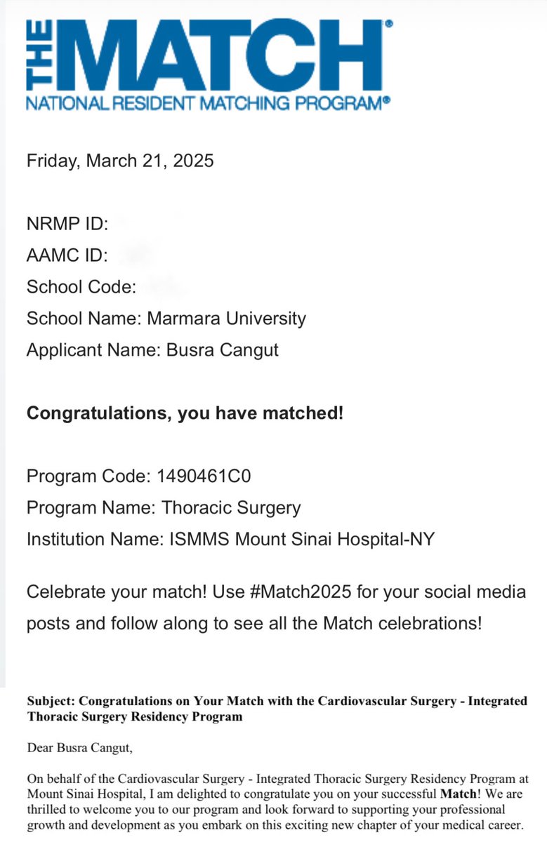 BusraCangutMD's tweet image. Words cannot describe the feeling of opening this email—I have matched in Cardiothoracic Surgery at Mount Sinai! After nearly 10 years, my dream is finally coming true—pursuing my dream specialty in my dream city. 🫀🫁🗽 #Match2025 @TheNRMP @MountSinaiHeart