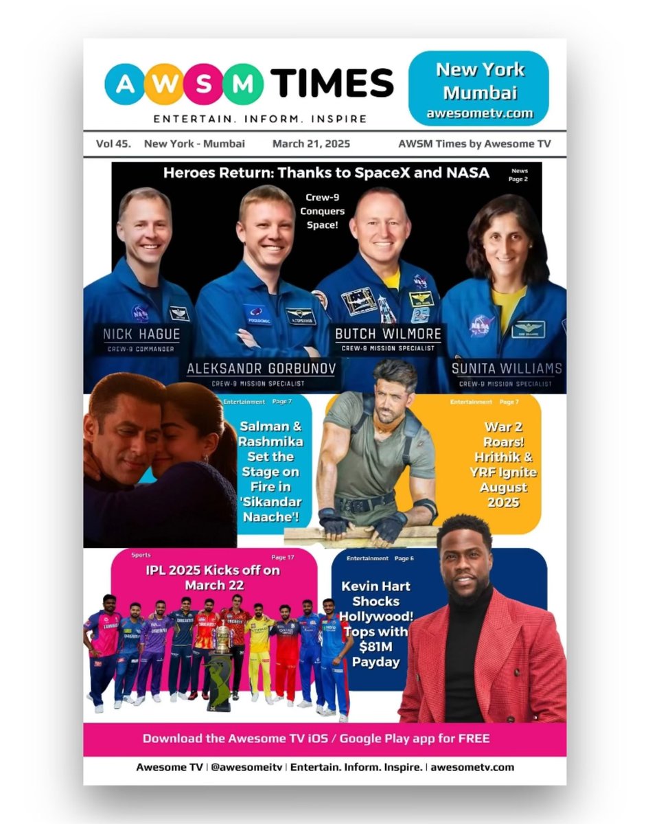 Heroes return with NASA’s Crew-9, Salman &amp; Rashmika sizzle in Sikandar Naache, Hrithik’s War 2 roars, IPL 2025 kicks off, and Kevin Hart tops with $81M! 
Read more on awsmtimes.com
#awsmtimes #awesometv #nyc #mumbai