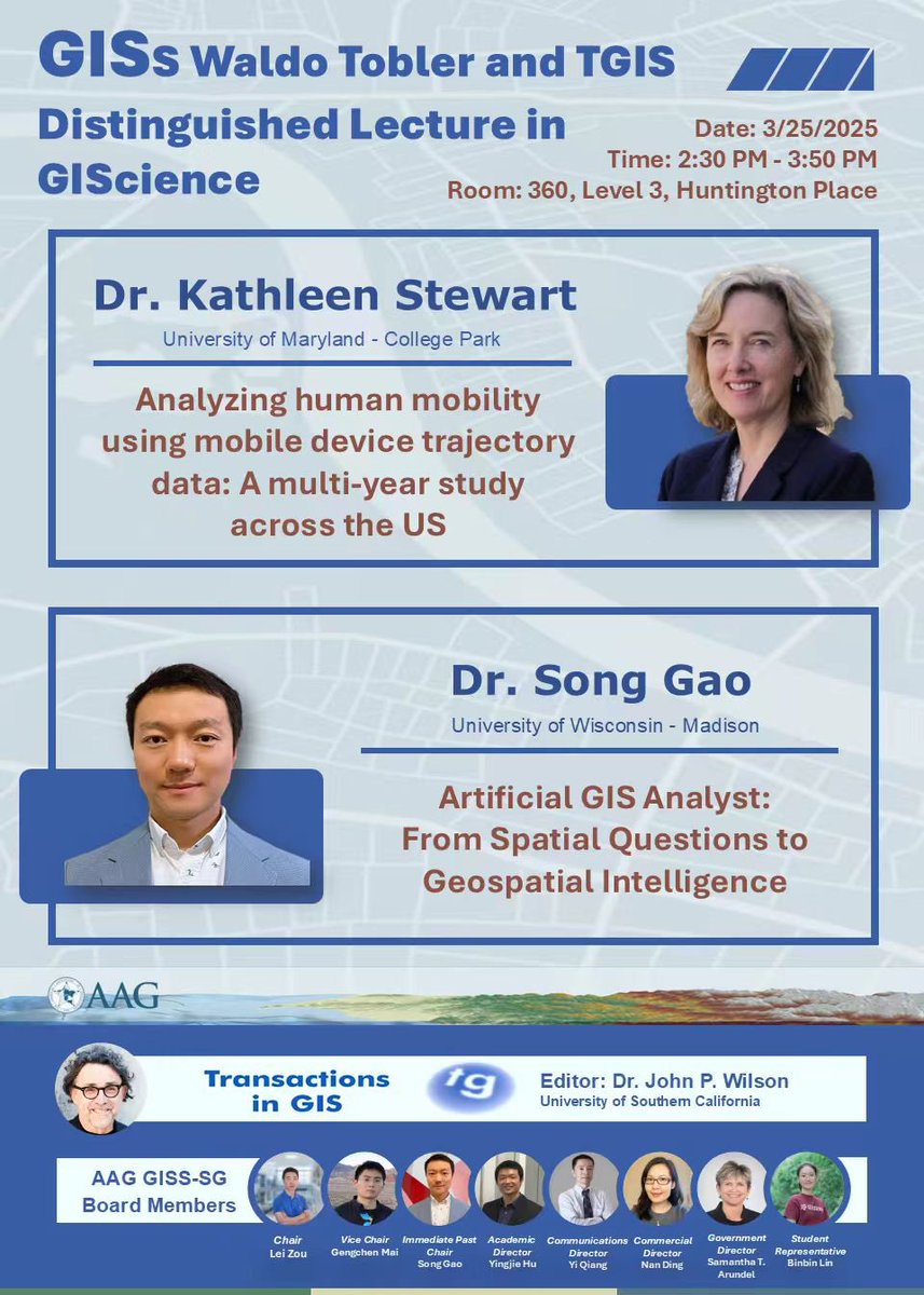 Song Gao (@gissong) on Twitter photo Very honored to give two keynotes about GeoAI at the 2025 <a href="/datascience_uw/">datascience@uw</a> Data Science Research Bazaar and <a href="/theAAG/">American Association of Geographers</a> 2025 Tobler and TGIS Distinguished Lecture in GIScience. #GeoAI is fostering more and more interdisciplinary collaborations and innovations. Very honored to give two keynotes about GeoAI at the 2025 <a href="/datascience_uw/">datascience@uw</a> Data Science Research Bazaar and <a href="/theAAG/">American Association of Geographers</a> 2025 Tobler and TGIS Distinguished Lecture in GIScience. #GeoAI is fostering more and more interdisciplinary collaborations and innovations.