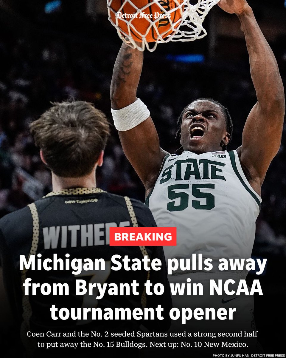 freep's tweet photo. FINAL: Michigan State 87, Bryant 62. The No. 2 seeded Spartans next face No. 10 New Mexico on Sunday in Cleveland for a shot at the Sweet 16. 

📸 Photo by @junfuphoto. https://t.co/DMSxkMn9bg