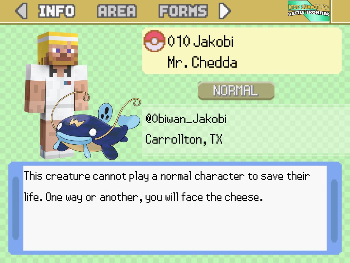 North Texas Smash Club (@ntscsmash) on Twitter photo Charging in inside minecart, <a href="/0biwan_Jakobi/">ObiwanJakobi</a> is playing in NTSC Summit IV: Battle Frontier! With his Pokemon pal, they're gonna Wishywashy all of the competition! Charging in inside minecart, <a href="/0biwan_Jakobi/">ObiwanJakobi</a> is playing in NTSC Summit IV: Battle Frontier! With his Pokemon pal, they're gonna Wishywashy all of the competition!
