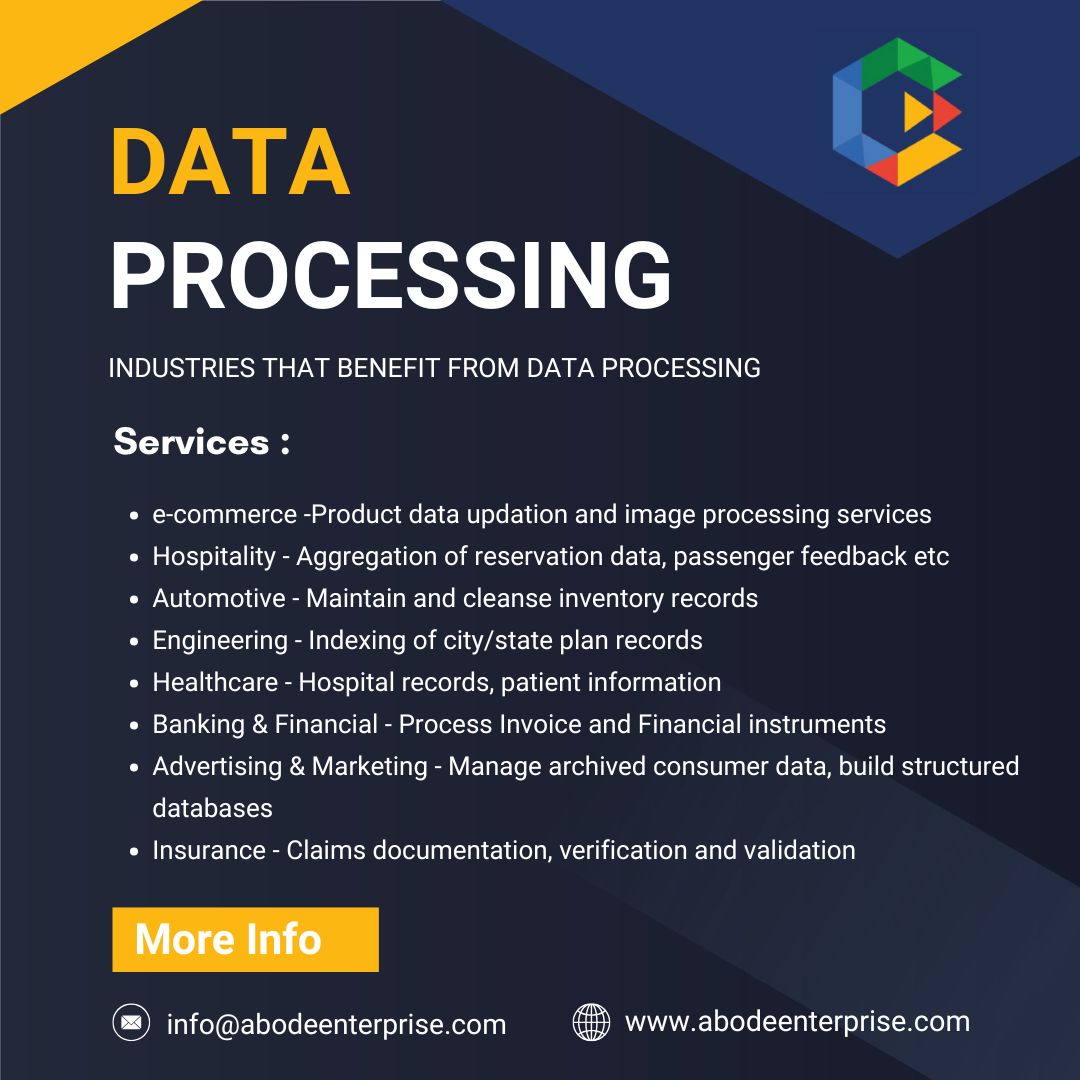 AbodeEnterprise's tweet image. INDUSTRIES THAT BENEFIT FROM DATA PROCESSING.

📧 info@abodeenterprise.com
🌐 bit.ly/3ESVHUv
#abodeenterprise #datacollectation #dataprocessing #datamanagement #dataentry