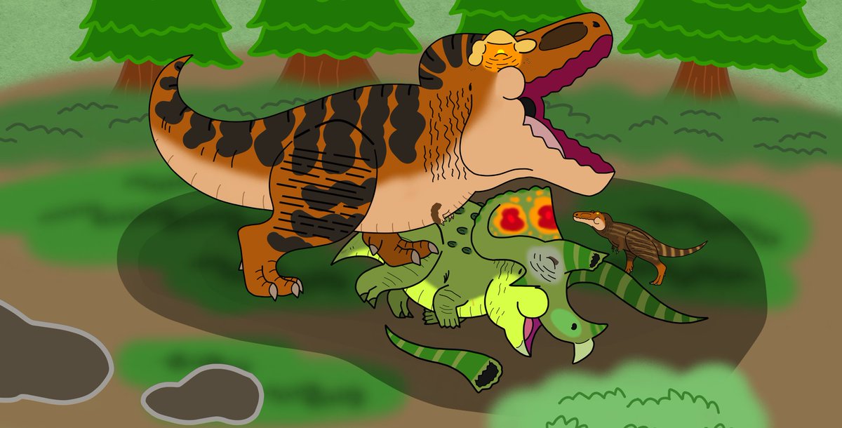 After a long and tough battle, a male Tyrannosaurus rex has managed to subdue a Triceratops, even breaking a horn in the process. As he bellows victoriously for a successful hunt, his juvenile son arrives, hoping his father will share some of the meat with him.
#paleoart