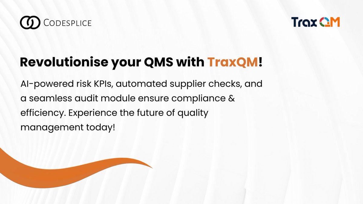 Codesplice Ltd (@codespliceltd) on Twitter photo Revolutionise your QMS with TraxQM! π AI-powered risk KPIs, automated supplier checks, and a seamless audit module ensure compliance & efficiency. Experience the future of quality management today!
traxqm.com Revolutionise your QMS with TraxQM! π AI-powered risk KPIs, automated supplier checks, and a seamless audit module ensure compliance & efficiency. Experience the future of quality management today!
traxqm.com