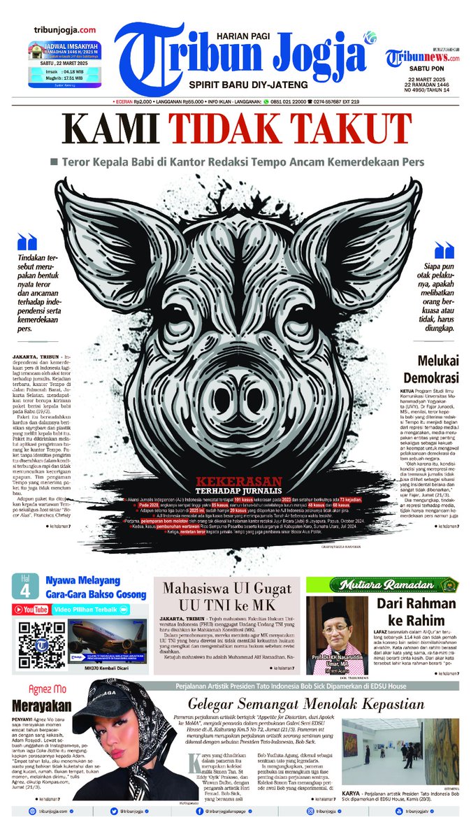 tribunjogja's tweet photo. Tribun Jogja edisi Sabtu, 22 Maret 2025.
#kamitidaktakut 
#tempo
#demokrasi https://t.co/g2YqBzdj0q