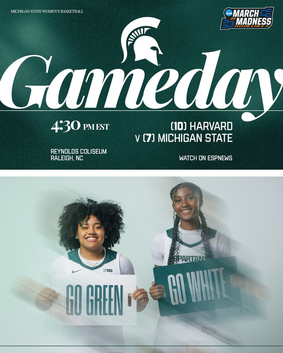 Round of 64!

🆚: [10] Harvard
📍: Reynolds Coliseum
⏰: Approx. 4:30 PM ET
📺: ESPNews bit.ly/4j7Jp9F
📊: bit.ly/4iq9ocr
🎙️: msuspartans.com/watch