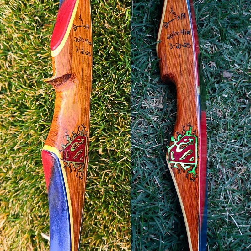 TheSleepyArcher's tweet photo. Bow Number 14 - The SuperKrypt Bow (Superman)
Time Completed = 114 Hours
Wood -> Russian Birch dyed Yellow 
     - Hand Carved Superman Insignia Inlayed
     - Glow in the Dark Green Pigment Powder
     - Pyrography Borders to resemble cracking
This one is by far my most favorite https://t.co/pDW1cYh3ks