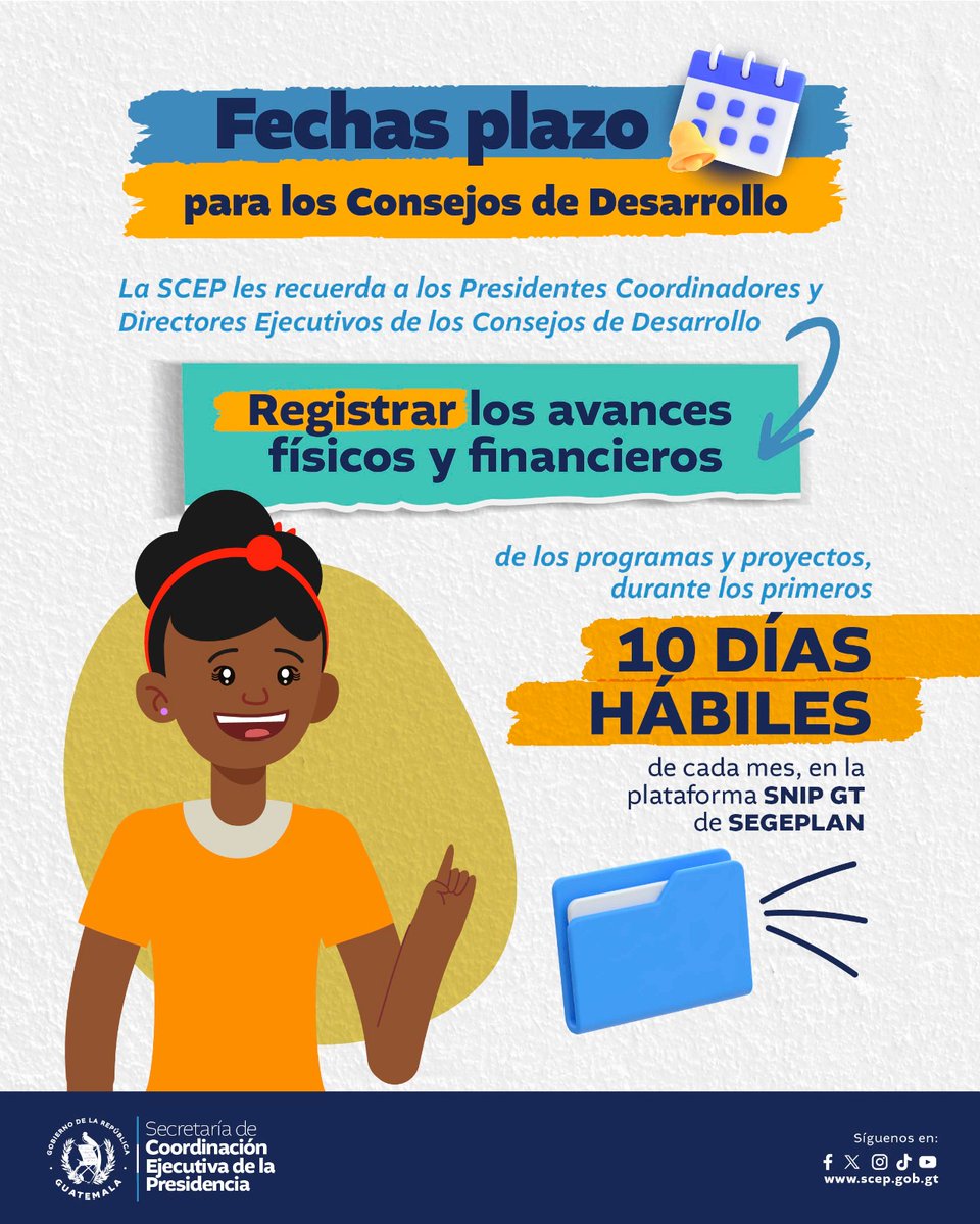 SCEPgt's tweet photo. La #SCEP🇬🇹 les recuerda que en los primeros 10 días hábiles deben registrar los avances de los proyectos de los Consejos de Desarrollo, en la plataforma #SNIPGT de @Segeplan.

#TransfiriendoPodderalaGente https://t.co/moZcwzx7BZ