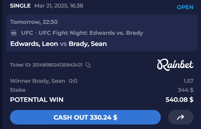 💰 UFC Fight Night Money Line! 💰  
Leon Edwards 🆚 Sean Brady!

🔥Brady’s at 1.57 odds —a $344 bet could win you $540.08! 🔥
  
 💸 Stack your cash—place your bets NOW!  

#UFCLondon #UFCFightNight
