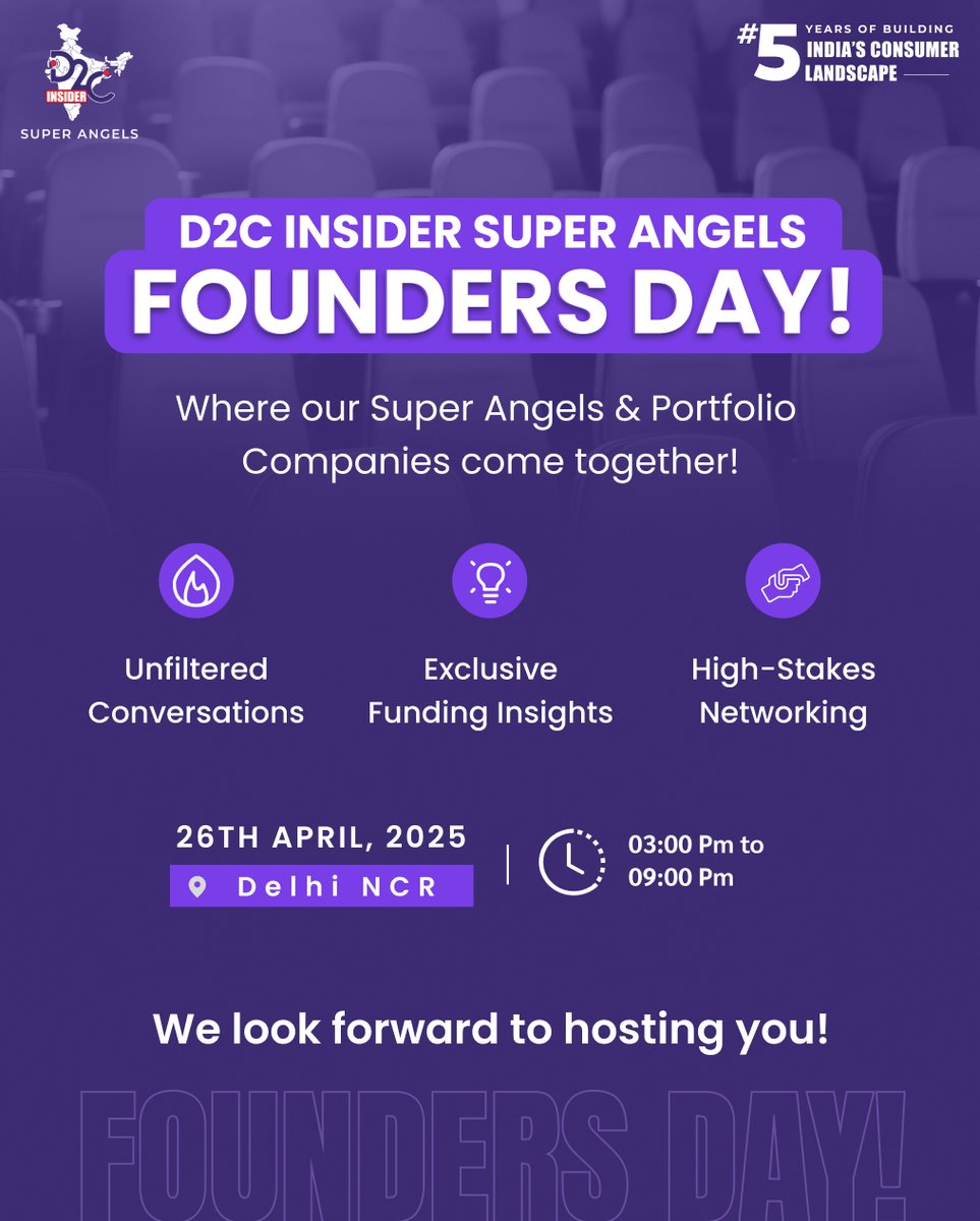 🚀 D2C Insider Super Angels Founders Day!

For the first time, our Super Angels &amp; Portfolio Companies come together to exchange ideas, funding insights, and growth strategies. 

📍 Delhi NCR | 🗓 26th April | 🕒 3 PM - 9 PM

👉 Reserve Your Spot Now - d2ci.co/LP_Meet_Regist…