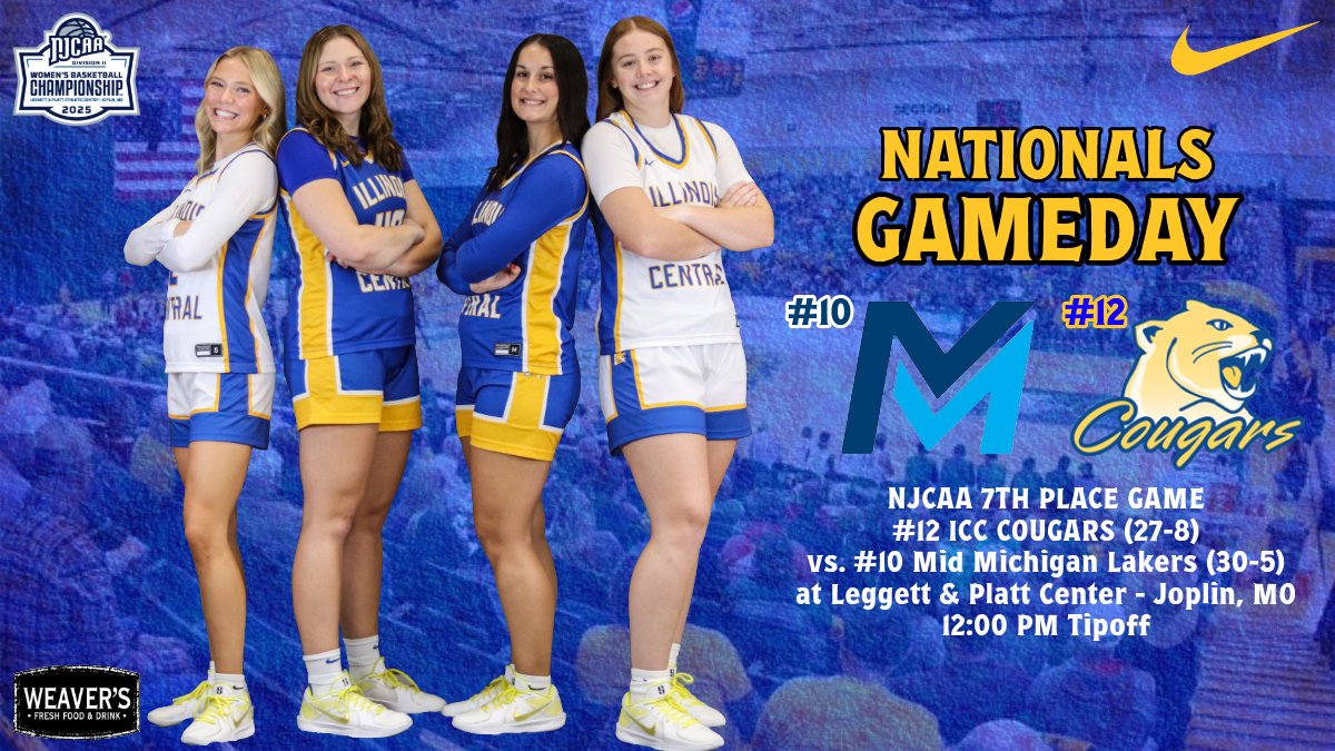 One more. 

🏆 | NJCAA 7th Place Game
🏀 | #12 Cougars 
🆚 | #10 Mid Michigan
📍 | 3 Lion Pride Lane, Joplin, MO
🕰️ | 12:00 PM
📺📻 | liinks.co/icc_cougarswbb

#WINTHEDAY #ROLLCOUGS