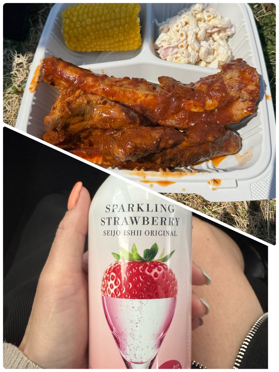 daia_nero's tweet photo. 今日の昼飲みおつまみとお酒は、米軍基地のお祭りで買ったBBQスペアリブと成城石井のいちごスパークリング🍓春だね🌸 https://t.co/cJ2xr3uw6g