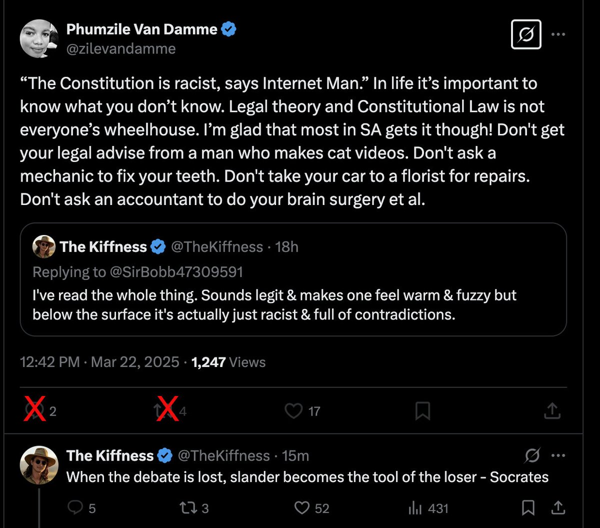 Nothing more impressive that a "crusader for truth" who shuts down free speech...

x.com/zilevandamme/s…

<a href="/zilevandamme/">Phumzile Van Damme</a> <a href="/TheKiffness/">The Kiffness</a>