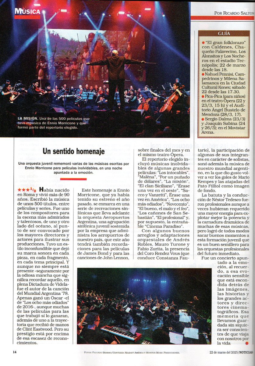 Hje a Ennio Morricone xla Orq <a href="/AeropuertosAR/">Aeropuertos Argentina</a> dir x <a href="/NestorTedesco/">Nestor Tedesco</a> 
<a href="/noticiasrevista/">Revista Noticias</a> 2517 - 22/3/25

<a href="/diegoperripress/">Diego Perri</a> <a href="/LosCaldenesOK/">LosCaldenes</a> <a href="/LosNocherosOfic/">Los Nocheros Oficial</a> <a href="/TecnopolisArg/">Tecnópolis Argentina</a> <a href="/NahuelPennisi/">Nahuel Pennisi</a> <a href="/marinabelinco/">Marina Belinco</a> <a href="/Campedrinos/">CΛMPEDRINOS</a> <a href="/MileSalamanca/">Milena Salamanca ❤️</a> <a href="/CCKonex/">Ciudad Cultural Konex</a> <a href="/LosPicaPica/">Pica Pica</a> <a href="/SDalmaoficial/">Sergio Dalma</a> <a href="/MovistarArenaAR/">MovistarArenaAR</a>