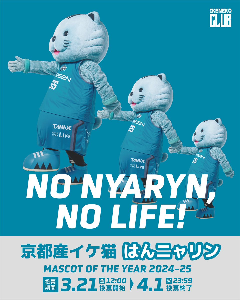 kyotohannaryz's tweet photo. 👑B.LEAGUE MASCOT OF THE YEAR 2024-25👑

皆様、たくさんの #NONYARYNNOLIFE な画像投稿ありがとうございます🐱🩵

今日も会場を盛り上げてくれた、はんニャリン！

勝利の余韻冷めやらぬ中ですが、忘れず投票お願いします🗳️

▼NO NYARYN, NO LIFEプロジェクト
https://t.co/xs2CHn66Qr

#NONYARYNNOLIFE
#はんニャリン
#はんニャリンがいちばん