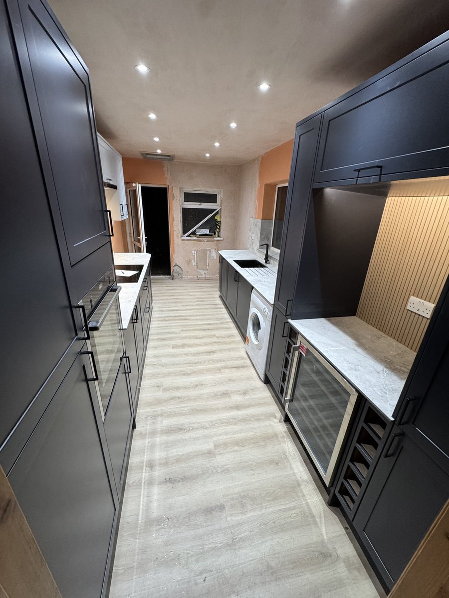 Full <a href="/Wickes/">WICKES</a> installation.Wall, cloakroom/toilet and window removed.Plastering,electrics, lighting,plumbing,lVT flooring. Midnight blue kitchen installed with integrated appliances,zenith worktops,undermount sink and backboards. All completed in 9days. Another happy customer😃🥂