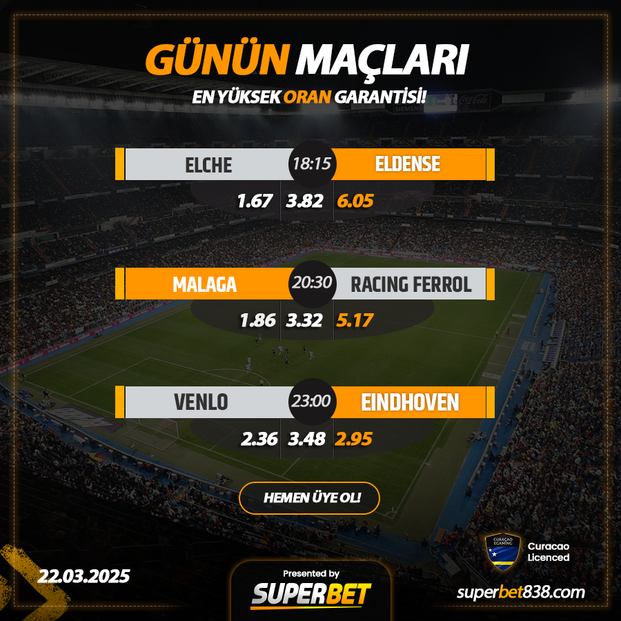 TRSUPERBET's tweet photo. ☄️ #SUPERBET'TEN %20 YATIRIM + %20 KAYIP BONUSU!

⚽️Elche - Eldense
⚽️Malaga - Racing Ferrol
⚽️Venlo - Eindhoven

📷#Superbet'te Günlük 5.000.000₺ Çekim İmkanı!
Giriş; (https://t.co/GdKaIAwFjM) https://t.co/8binstw3Uk