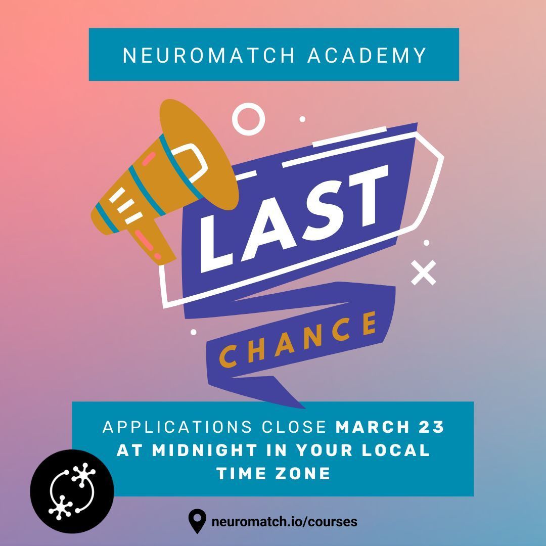 neuromatch's tweet photo. ⌛ Neuromatch Academy applications close 🚨THIS SUNDAY🚨 , March 23 at midnight in your local time zone. 

Make sure to get your application in to be a student or TA before the deadline! Don't miss this incredible opportunity. 

Apply here: https://t.co/2aGOKQ86Dq https://t.co/8w38647HQU