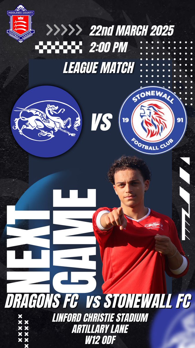 Kensington Dragons FC (@kendragonsfc) on Twitter photo KDFC are playing at home !
come down and show your support 📢
1st Team Match Details:
🗓️22/03/2025
🏆Middlesex Premier Div
⏱️2:00PM Kick Off
🆚<a href="/StonewallFC/">Stonewall FC</a>
🏟️Linford Christie Stadium
🎟️ £0
Artillery lane, off Du cane road
London
W12 0DF KDFC are playing at home !
come down and show your support 📢
1st Team Match Details:
🗓️22/03/2025
🏆Middlesex Premier Div
⏱️2:00PM Kick Off
🆚<a href="/StonewallFC/">Stonewall FC</a>
🏟️Linford Christie Stadium
🎟️ £0
Artillery lane, off Du cane road
London
W12 0DF
