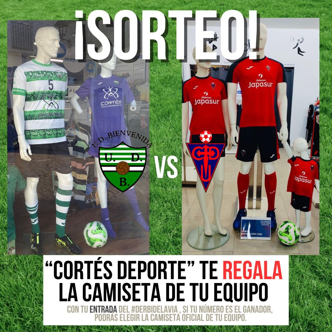#SORTEO
Este domingo se juega #elderbidelavia 
Más allá del resultado deportivo,es una fiesta para dos poblaciones amigas y vecinas como #bienvenida y #usagre
Desde CORTÉS DEPORTE nos sumamos a esta fiesta del fútbol y REGALAMOS la camiseta oficial de tu equipo.
¡SUERTE!
+info 👇