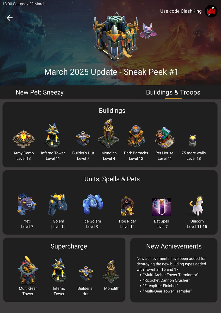 Sneak peek #1 - March 2025 Update  
🦇 New Pet: Sneezy
🏛️ Buildings &amp; Troops 

❤️ Creator Code : ClashKing link.clashofclans.com/en/?action=Sup…

Thank you for the support 🫶

➡️Join our discord server : discord.gg/clashking