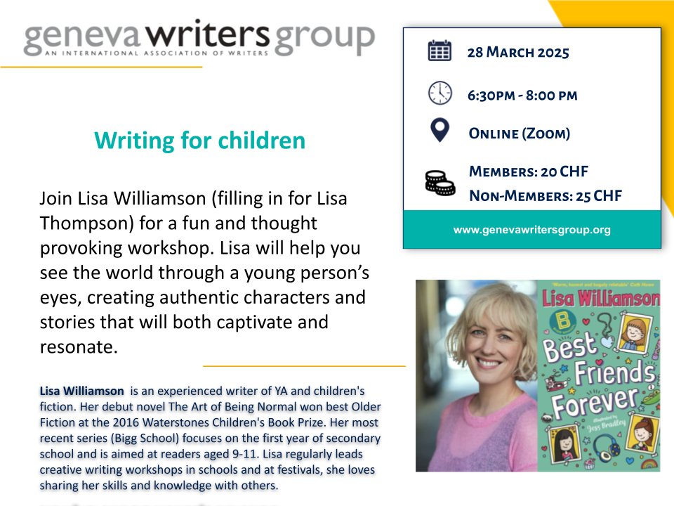 Geneva Writers Group (@genevawriters) on Twitter photo In our next online workshop, <a href="/lisa_letters/">Lisa Williamson</a> will give a fun and thought-provoking workshop on writing for children. Join us!
Register here 👉 genevawritersgroup.org/event-6025570 In our next online workshop, <a href="/lisa_letters/">Lisa Williamson</a> will give a fun and thought-provoking workshop on writing for children. Join us!
Register here 👉 genevawritersgroup.org/event-6025570