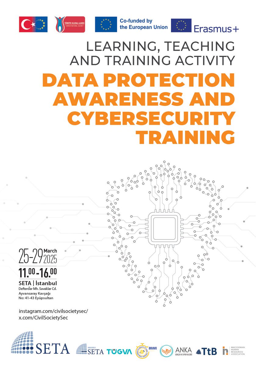 Strengthening cybersecurity awareness! 🔐💻
Our 5-day Learning, Teaching, Training (LTT) event on data protection &amp; safe online behavior runs 25–29 March at SETA İstanbul, ending with a live sim! 🛡️🎯
<a href="/ulusalajans/">Türkiye Ulusal Ajansı 🇹🇷 Turkish NA</a>
<a href="/setavakfi/">SETA</a>

#CyberSecurity #DataProtection #ErasmusPlus #KA220