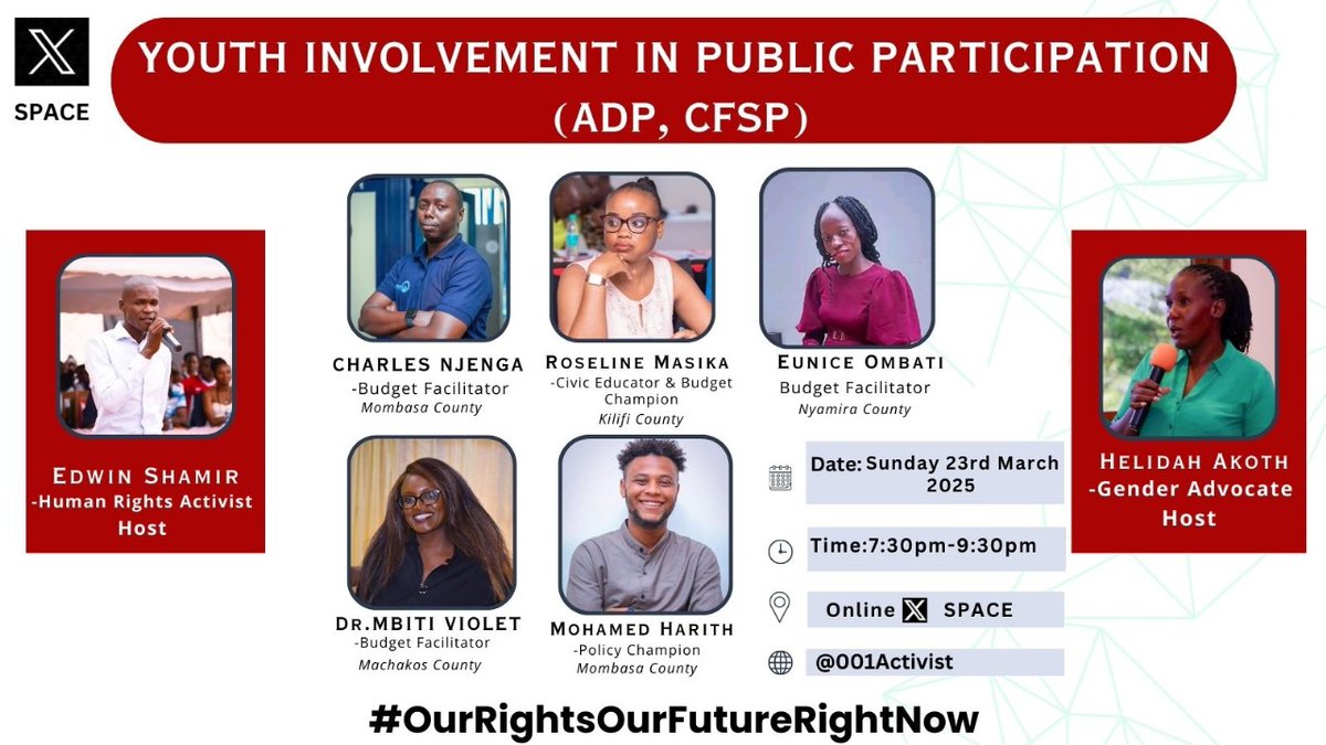 Join our X-Space tomorrow 7.30 pm. We will shed light on Kenya’s budget process at both national and county
levels. With a growing need for transparent, accountable &amp; participatory public financial
management, this conversation will explore the stages of the budget cycle.