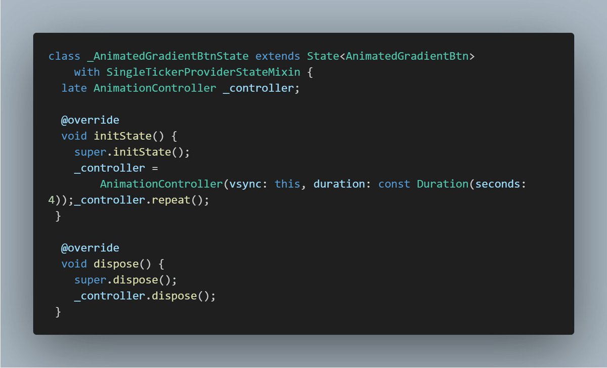 fathithedev's tweet image. Step 2: Animation Setup 🔥
Add `SingleTickerProviderStateMixin` + initialize `AnimationController`:
#fluttercode #indiedev