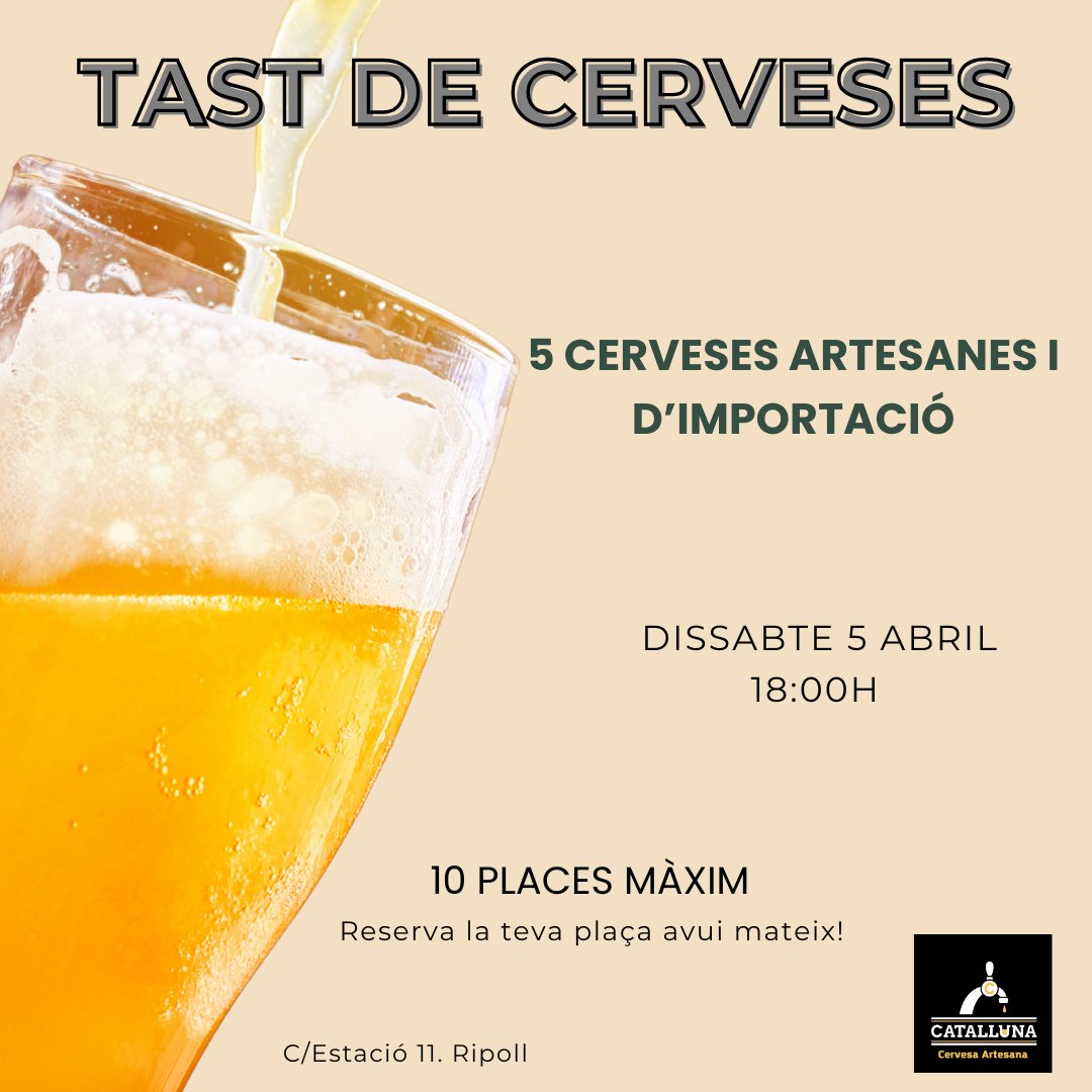 Proper tats de cerveses artesanes.
Dissabte 5 d'abril a les 18h
10 places pel tast.
Reserva la teva plaça ara!!!

#CervesaArtesana #Cervesa #Catalluna #cerveseriacatalluna #catallunacerveseriaceller #catallunaceller #bittercat #lacerveseriaderipoll#tast #bier #covadelacervesa #
