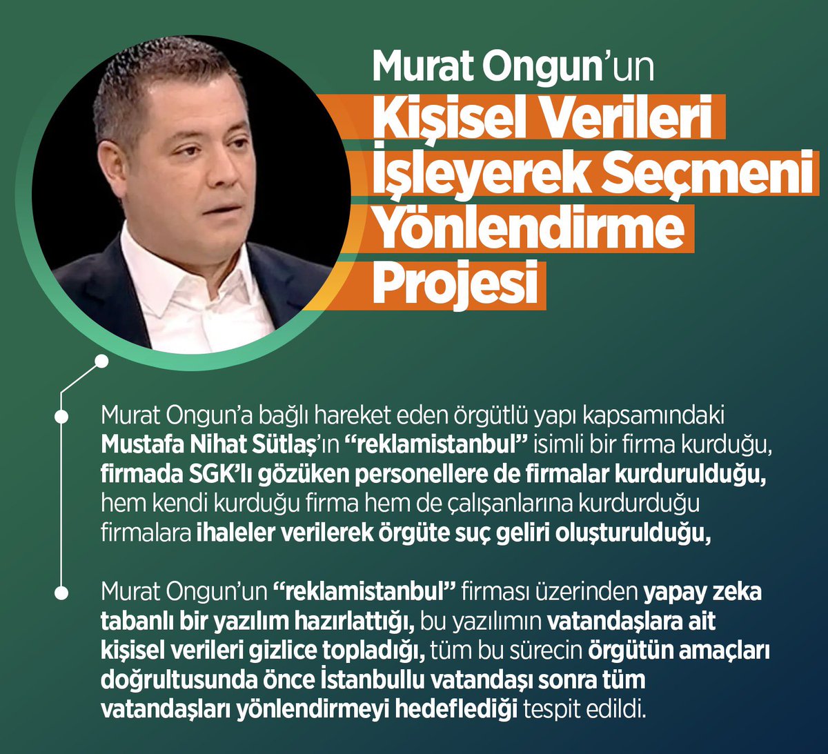 Ekrem İmamoğlu Suç Örgütü Yolsuzluk Soruşturması kapsamında Murat Ongun’un “reklamistanbul” firması üzerinden yapay zeka tabanlı bir yazılımla vatandaşların kişisel verilerini topladığı ve bu verileri çıkarları amacıyla kullandığı tespit edildi. #YolsuzEkoSistemÇöktü