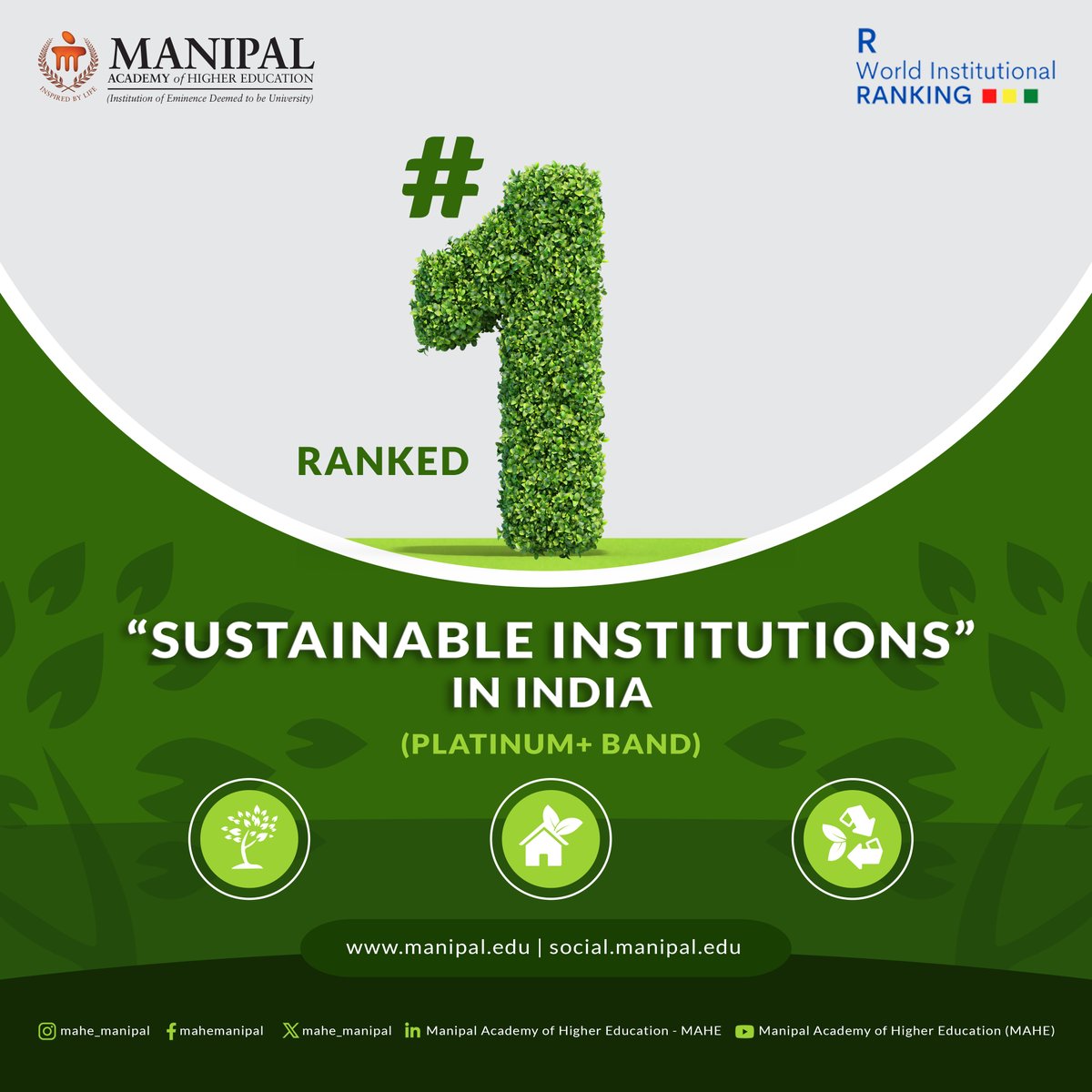 MAHE_Manipal's tweet photo. A proud moment for Manipal Academy of Higher Education (MAHE)! We have been ranked No. 1 in the Platinum+ Band of the Sustainable Institutions of India, The Green Rankings 2025, by R. World Institutional Ranking 2025. Let’s continue to build a greener tomorrow, together.
#mahe https://t.co/k6wNdoStSE