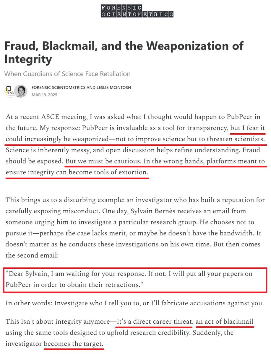 SciGuardians's tweet photo. Dr. Leslie McIntosh (@FauxSci @mcintold), VP of Research Integrity at @digitalsci and Founder of Forensic Scientometrics #FoSci, unveils the dark side of academic sleuthing in her latest article, "Fraud, Blackmail, and the Weaponization of Integrity". She exposes how some disguise unethical actions as efforts to uphold scholarly standards, using tactics like #intimidation and deceit to further personal agendas. It's crucial to recognize these #manipulations and stand for genuine integrity in research.
📌 Selected excerpts from the article; full article here 👉https://t.co/WNjUUgj0uE