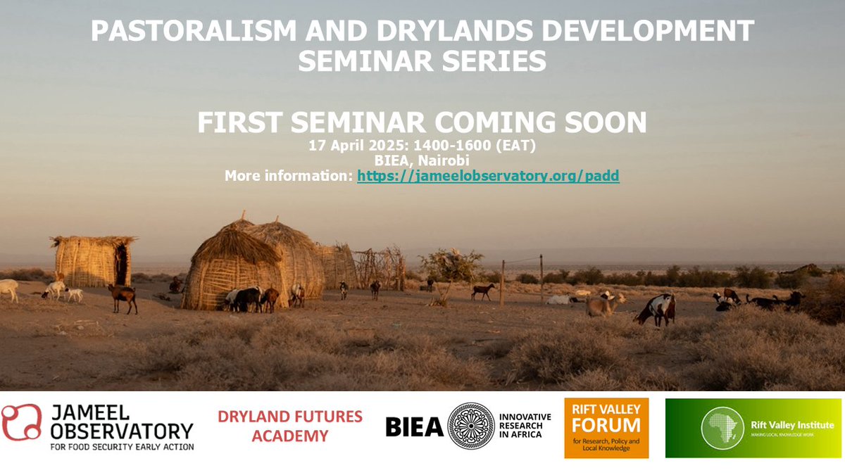 Jameel Observatory for Food Security Early Action (@jameel_observ) on Twitter photo On 17 April, with <a href="/RVInews/">Rift Valley Institute</a>, we launch the first in our Pastoralism and Drylands Development Seminar Series.
Led by <a href="/sfderbyshire/">Samuel Derbyshire</a> <a href="/rahmah2017/">Rahma hassan</a> & <a href="/twahirah3/">Tahira S. Mohamed</a> and hosted in Nairobi by <a href="/The_BIEA/">British Institute in Eastern Africa</a>, join in-person or online: jameelobservatory.org/padd On 17 April, with <a href="/RVInews/">Rift Valley Institute</a>, we launch the first in our Pastoralism and Drylands Development Seminar Series.
Led by <a href="/sfderbyshire/">Samuel Derbyshire</a> <a href="/rahmah2017/">Rahma hassan</a> & <a href="/twahirah3/">Tahira S. Mohamed</a> and hosted in Nairobi by <a href="/The_BIEA/">British Institute in Eastern Africa</a>, join in-person or online: jameelobservatory.org/padd
