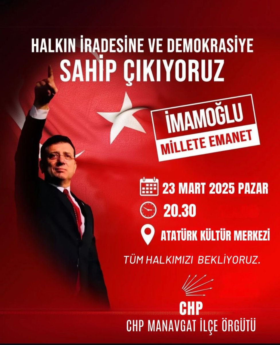 niyazinefikara's tweet photo. Manavgat, milletin iradesine sahip çıkıyor.

Pazar akşamı 20.30’da Atatürk Kültür Merkezi’nde buluşuyoruz.

🗓️ 23 Mart 2025 Pazar
⏰ 20.30
📍 Atatürk Kültür Merkezi https://t.co/sDvWlzoCE8