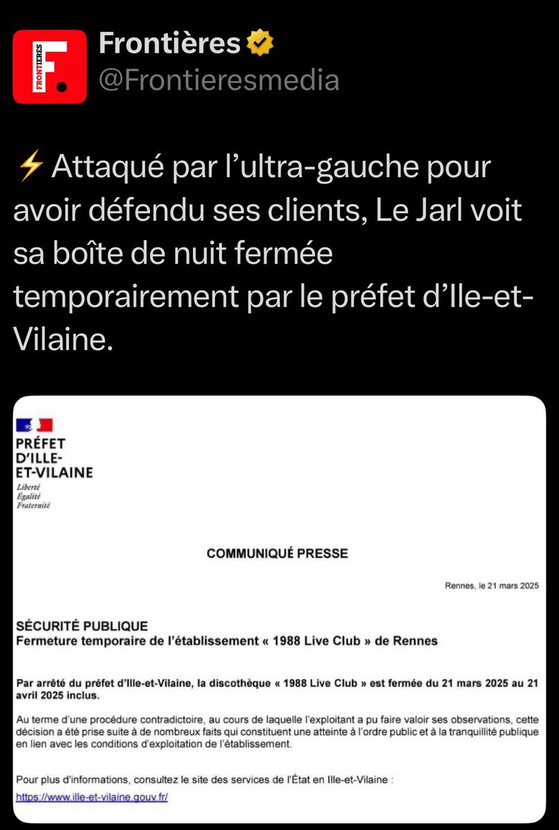 le_jarl's tweet photo. Le préfet a choisi son camp. Je ne changerai aucune ligne de ce que nous avons fait. Nous avons appelé la police, demandé leur aide à 3 reprises, ils nous ont abandonné. 
On ne s’est pas couché face à l’extrême gauche ! 👊🏻
Pourquoi aucun policier sur place nous a stoppé ? https://t.co/9U0wzB9XmZ