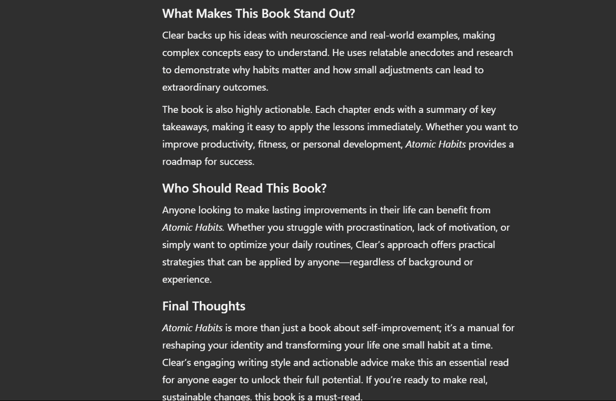 suleikim8's tweet photo. so i asked chat gpt for a book review and this was the result  i think its pretty cool
🔍 Book Review: Atomic Habits by James Clear 📖
#alxafrica #AtomicHabits #JamesClear #BookReview #SelfImprovement #PersonalGrowth #SuccessHabits #Productivity #MindsetMatters #Habits https://t.co/RAsjzUoCtJ