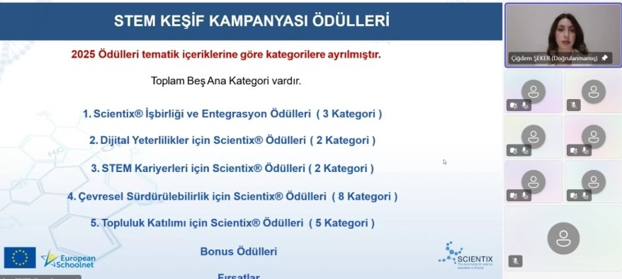 Mardin İlindeki öğretmenlerimize yönelik düzenlenen çevrim içi toplantıda Stem İl Koordinatörü ve Scientix Elçisi Çiğdem ŞEKER tarafından 2025 STEM Keşif Kampanyası süreci hakkında bilgi verilmiş ve kampanyanın ödülleri tanıtılmıştır.
<a href="/mardinarge/">Mardin İl MEM AR-GE</a> 
@scientix_turkiye 
<a href="/mebyegitek/">Yenilik ve Eğitim Teknolojileri Genel Müdürlüğü</a>