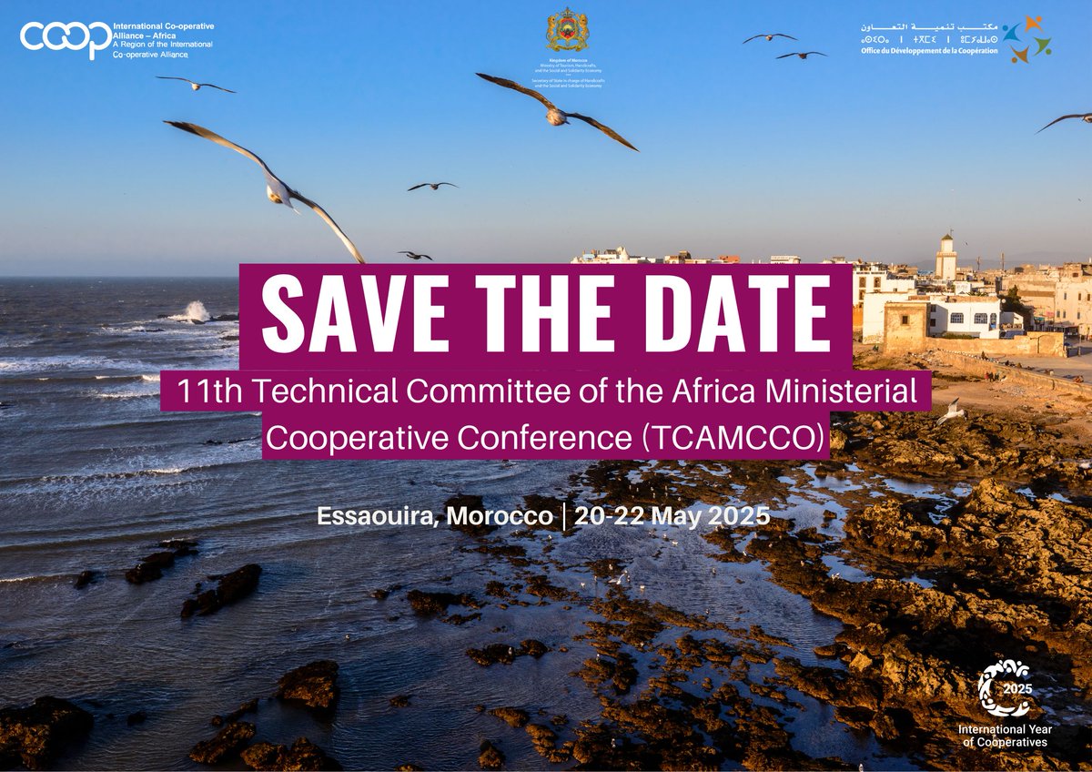 ICA_AFRICA1's tweet photo. 📢 Save the date!

The #11thTCAMCCO is coming to Essaouira, Morocco🇲🇦 
This event will bring together #coop leaders &amp; key stakeholders to explore ways to enhance the visibility and impact of cooperatives across Africa

📅 20 – 22 May
✍️Register https://t.co/29Q84dEJVb

#IYC2025 https://t.co/6xLRZhpfA8