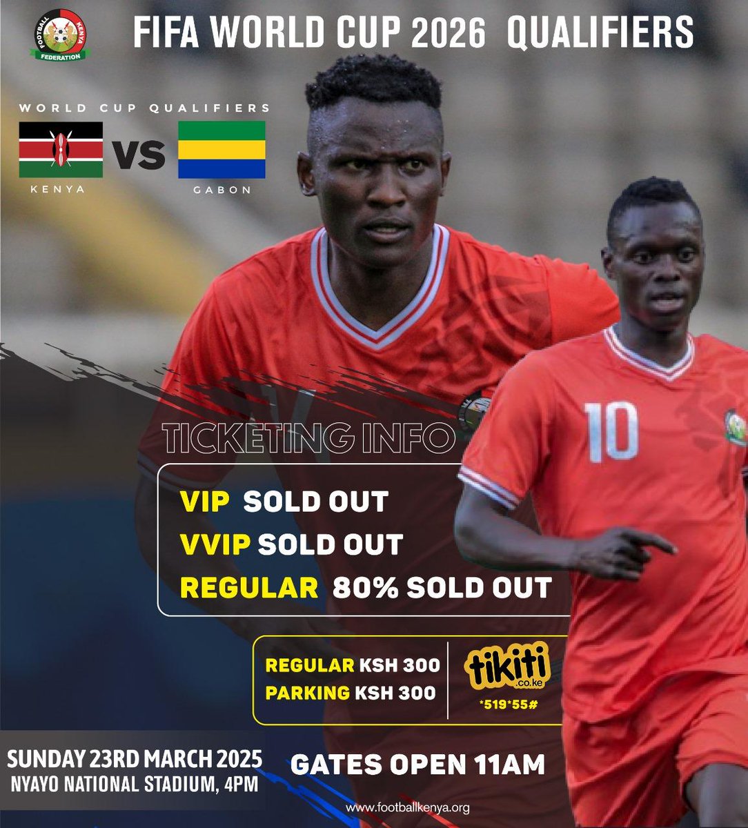VVIP and VIP tickets are completely sold out! Don't miss out on the match get regular tickets to secure your seat! 

👉 Grab your ticket at tikiti.co.ke/e/kenya-vs-gab…  or dial *519*55# to purchase. No cash sales on match day!  

Let’s fill the stadium in support of our Stars ! 🏟️⚽