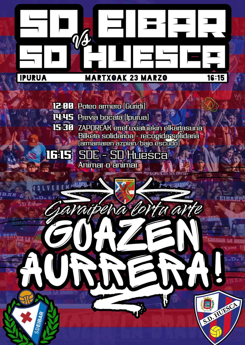 EskoziaLaBrava's tweet photo. ¡ANIMAR HASTA REVENTAR!
Mañana tod@s al templo armero. 
El equipo ahora más que nunca necesita la fuerza y aliento de las gradas de Ipurua para llevarles en volandas hacia la victoria 🔵🔴💪🍺
Talde ta zaletu, GARAIPENERARTE! https://t.co/rO9l72BAH7