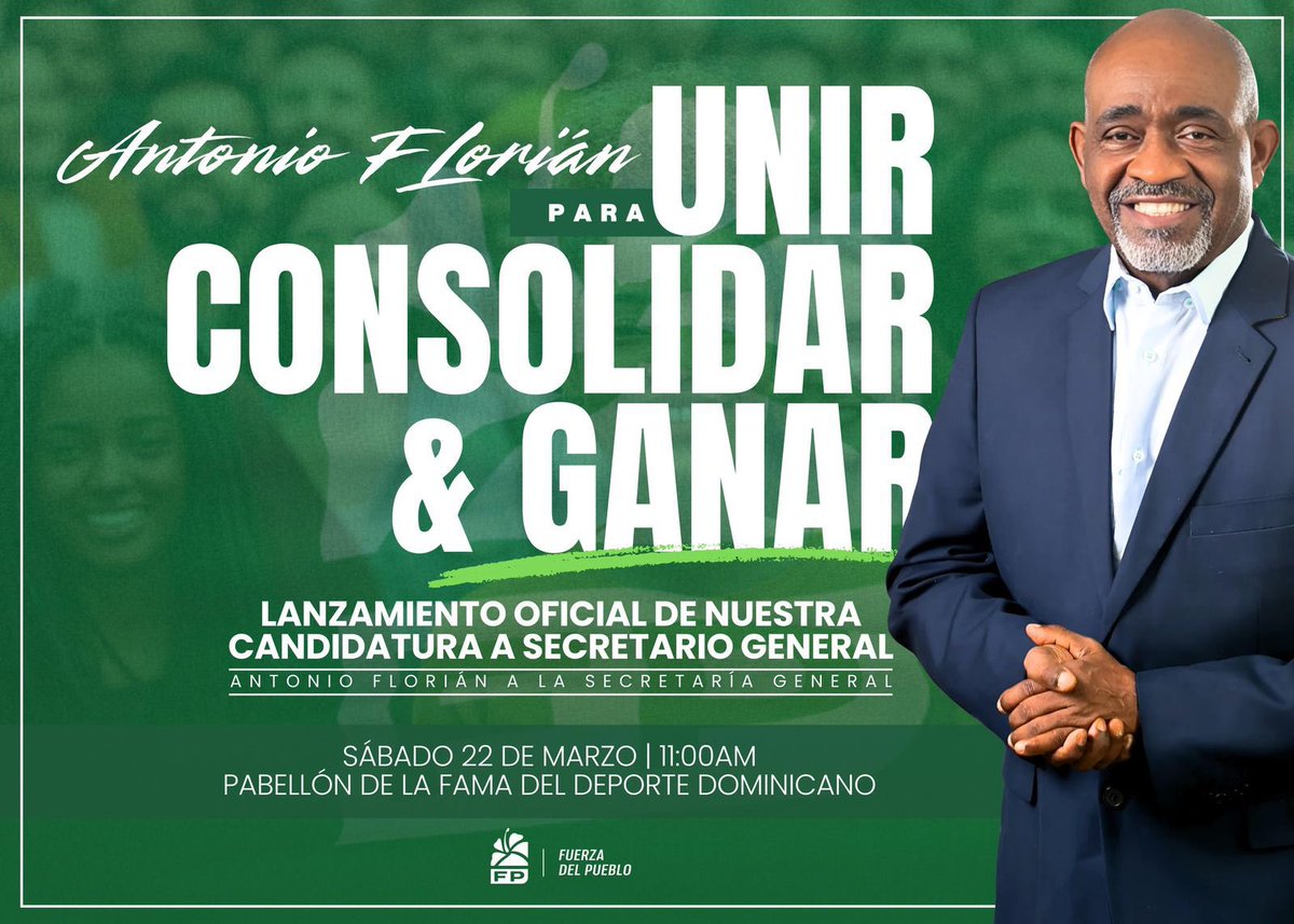 grisantycosme's tweet image. Hoy 11AM estaré acompañando al compañero @antonioflorian_ en el lanzamiento oficial de su candidatura a la Secretaría General de nuestro partido, la Fuerza del Pueblo @FPcomunica.

Paso firme para seguir construyendo unidad, consolidación y victoria.

#Unir #Consolidar #Ganar