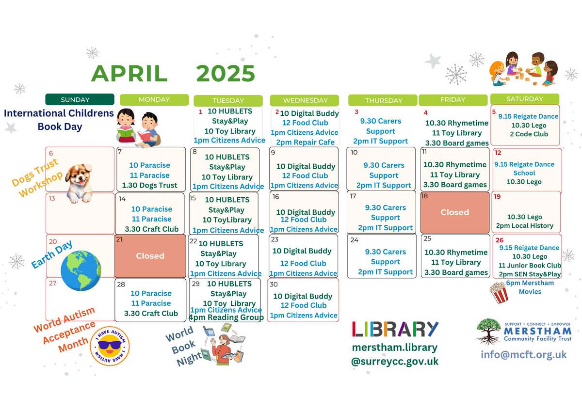 MersthamLibrary's tweet image. We have lots of fun activities planned for April at Merstham HUB Dogs Trust #ITSupport #CraftClub #BookClub #StayandPlay #ToyLibrary #Lego #BoardGames