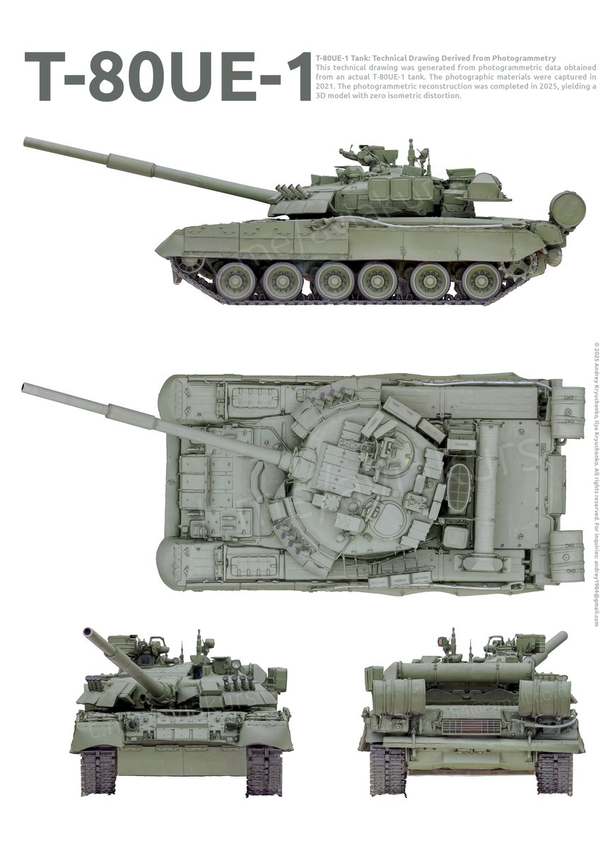 Technical drawing of the T-80UE-1 tank created via photogrammetry from a real unit with zero isometric distortion. Photos captured in 2021 and reconstruction completed in 2025 yielded a precise 3D model.
