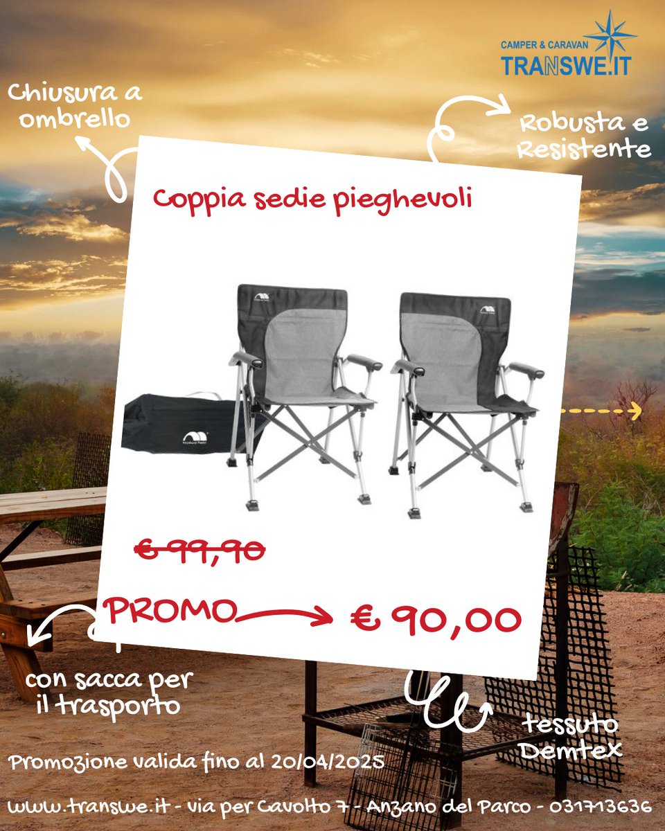 Transwe's tweet photo. Promozioni sedie e sdraio da campeggio.
Disponibili in sede in via per Cavolto 7 - 22040 Anzano del Parco (CO) https://t.co/gFUr9LOz4a