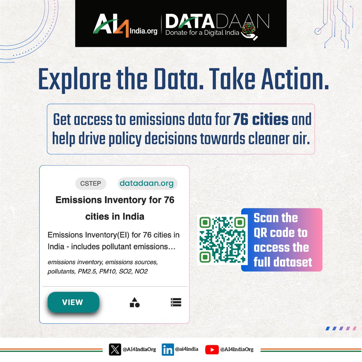 AI4IndiaOrg's tweet image. What’s polluting your city — and how can AI help?
With emissions data for 76 cities from @CSTEP_India hosted on #DataDaan, AI models can now inform citizens and policymakers to act swiftly for cleaner air.

Scan, explore, act ➡️ datadaan.org

#AI4India #DataForGood…