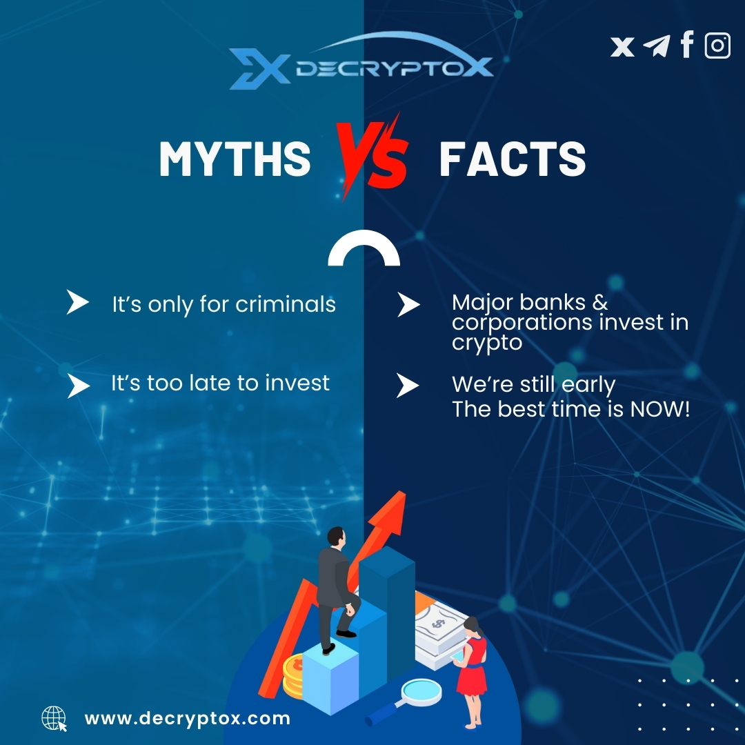 _DecryptoX's tweet photo. 🚀 MYTHS vs. FACTS: The TRUTH About Crypto!💡  

🔥 MYTH: Crypto is for criminals  
✅ FACT: Even major banks & corporations are investing!  

⏳ MYTH: It’s too late to invest  
💰 FACT: We’re STILL early—The best time is NOW!  

Don’t let outdated beliefs hold you back! Own your financial future.  
🌍 Join the revolution: [https://t.co/otMMZpnXVR](https://t.co/otMMZpnXVR)  

#CryptoTruth #BreakingMyths #Web3Facts #DeCryptoX
