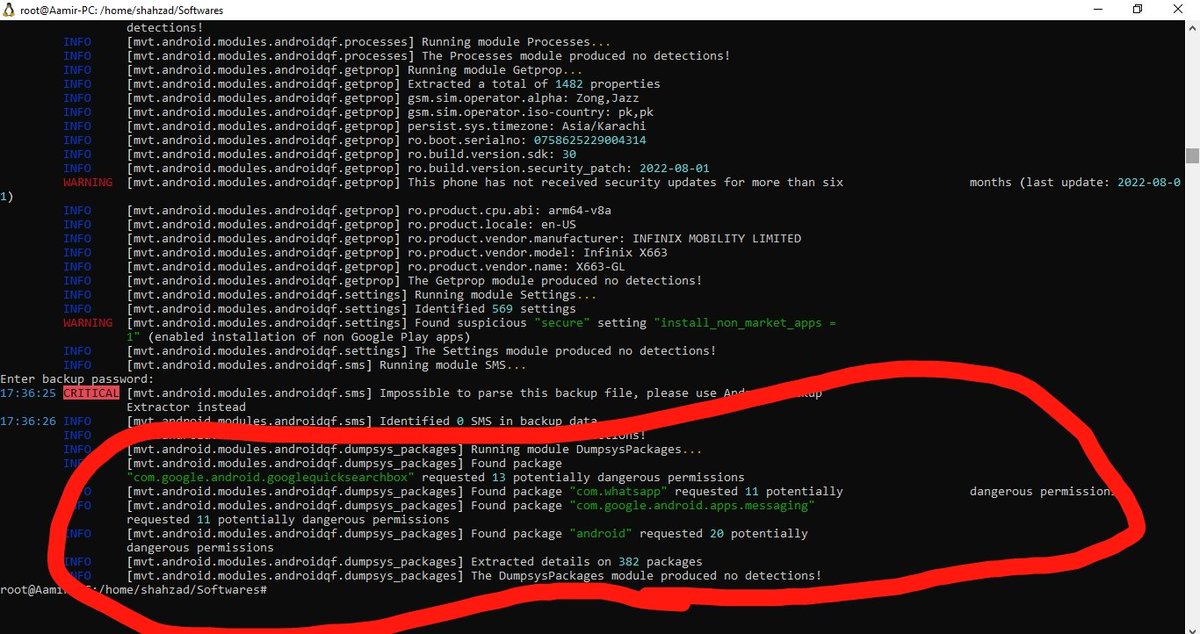 shahzadaamir18's tweet image. Hello everyone, I did forensic test on MVT of my Android device and got the following results. Please someone guide me whether following screenshots show my device is infected with Pegasus or not??? #pegasus #amnestytech #Hacking #surveillanceport #CyberAttack #CyberSecurity