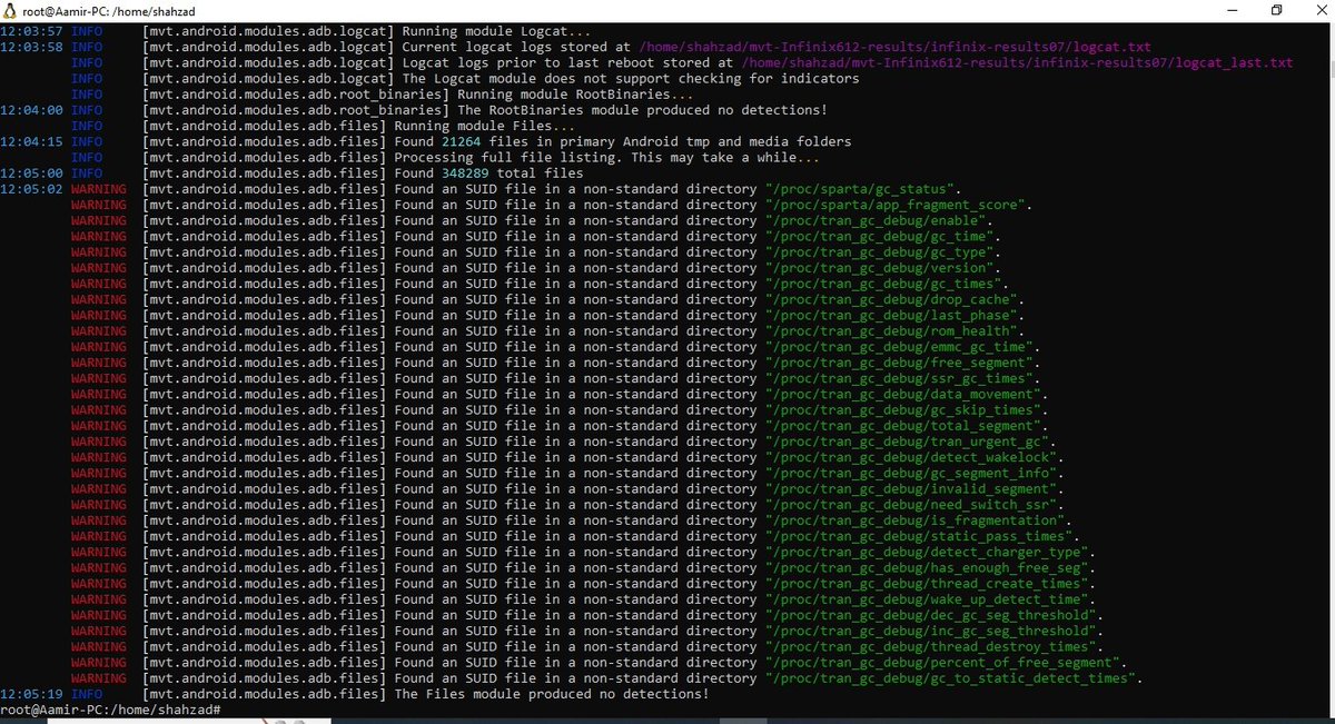 shahzadaamir18's tweet image. Hello everyone, I did forensic test on MVT of my Android device and got the following results. Please someone guide me whether following screenshots show my device is infected with Pegasus or not??? #pegasus #amnestytech #Hacking #surveillanceport #CyberAttack #CyberSecurity
